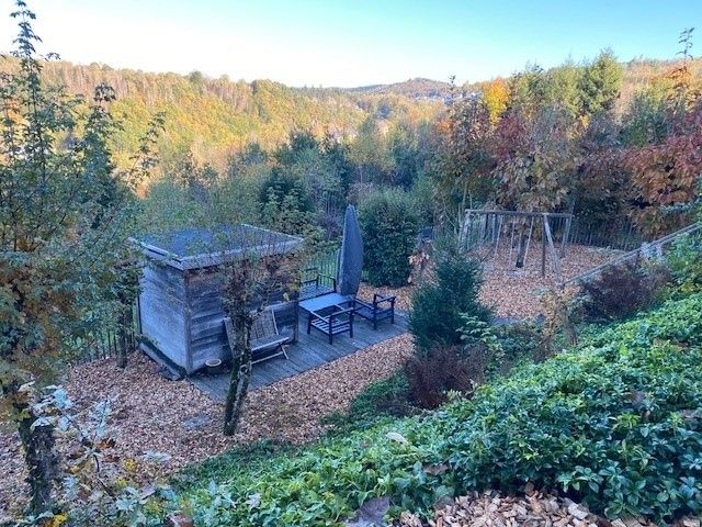 Uitzicht op de tuin en heuvels vanuit Dogo In Paradise vakantiehuis, Houffalize, Ardennen, omgeven door herfstkleuren.