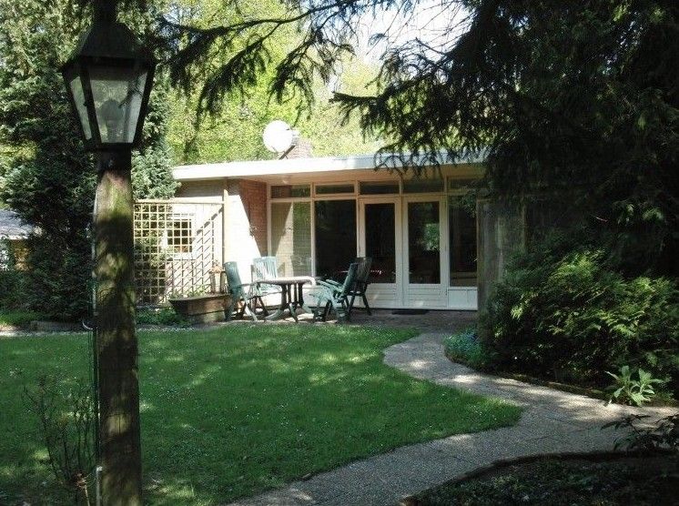 De Vlier bungalow in Appelscha, Friesland met zonnig terras en groene tuin in de Friese bossen.