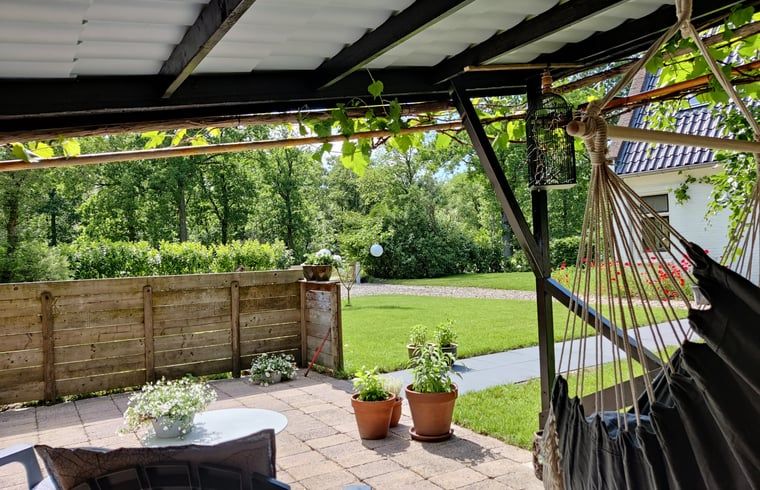 Uitzicht vanaf de veranda van Vakantiehuisje in Ruigahuizen, omringd door natuur in Friesland.
