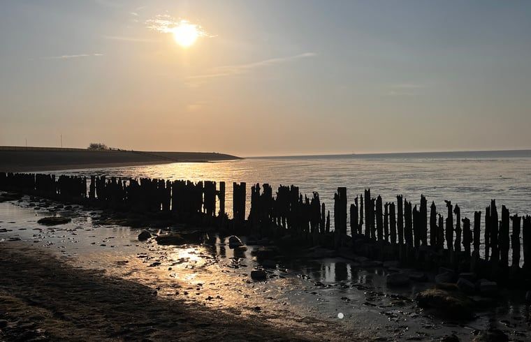 Uitzicht op de kustlijn nabij Vakantiehuisje in Lioessens, Friesland, met een serene zeezicht.