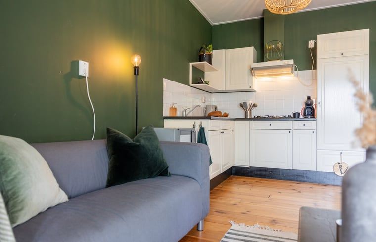 Open leefruimte in Vakantiehuisje in Wetering, Overijssel met eet- en zithoek.