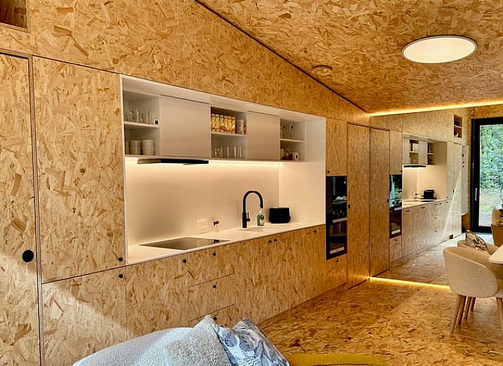 Expansive wooden terrace of Holiday Home in Lille, Antwerp, Belgium, with modern seating area and natural surroundings.