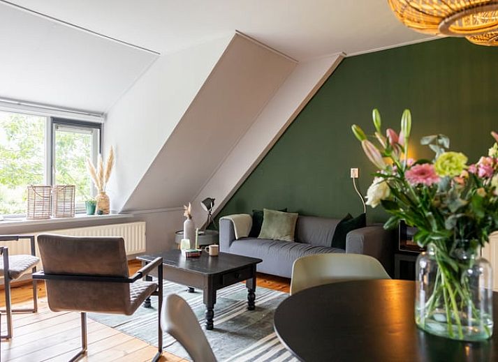 Gezellige woonkamer in Vakantiehuisje in Wetering, Overijssel met groene muur en comfortabele zitplaatsen.