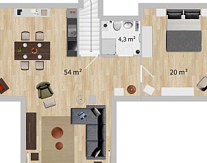 Indeling van het vakantiehuis Huisje in Schnwald, gelegen in Beieren, Duitsland, met stijlvolle binnenruimte en gezellige leefomgeving.