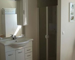 Badkamer met douche en wastafel in vakantiehuis Fazant, Nes, Ameland.