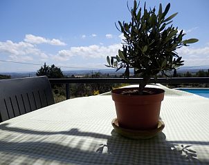 Ervaar de serene natuur vanaf het terras van La Souris Grise 3** vakantiehuis in Siran-Najac, Languedoc, met een olijfboom en weids uitzicht.