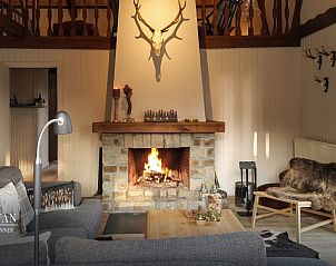 Cozy living room with fireplace in Chalet Belmont, Vencimont, Ardennes, Belgium, perfect for relaxation.