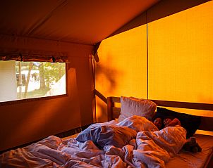 Gezellige slaapkamer in Safaritent Tintigny, Ardennen, Belgi, met warme verlichting en comfortabele bedden voor een unieke glamping ervaring.