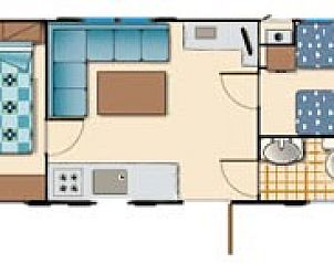Overzicht van de Stacaravan - Mobilehome aan Zee in Viareggio, Toscane, met praktische keuken en comfortabele slaapvertrekken.
