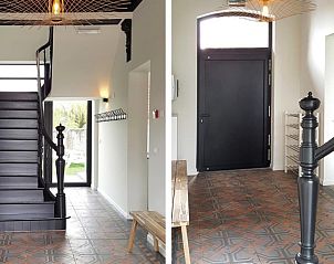 Elegante entree van La Pastourelle vakantiehuis in Durbuy, met stijlvolle trap en moderne inrichting.