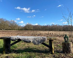 Gezellige zithoek buiten bij Huisje in Mantinge, een vakantiehuis in Midden Drenthe, perfect voor ontspanning in de natuur.