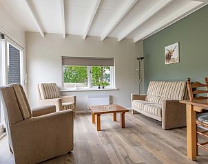 Stijlvolle woonkamer in vakantiehuis in Stuifzand, Drenthe, met veel daglicht.