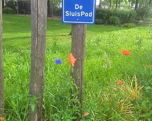 Bord met naam 'De SluisPod' bij Vakantiehuis in Hoogeveen, omgeven door bloemen in Drenthe.