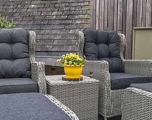 Comfortabele zitplaatsen op het terras van Vakantiehuis in Rijs, Friese bossen, ideaal voor ontspanning.
