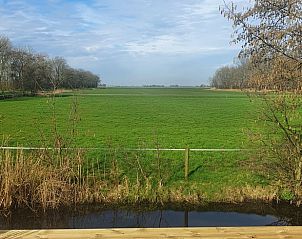 Panoramisch uitzicht op groene velden vanuit Vakantiehuisje in Rinsumageast, Friesland.