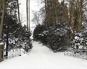 Besneeuwde oprijlaan naar Vakantiehuis in Oldeholtpade, Friesland.