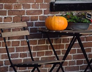 Rustieke buitenruimte met zitje bij Vakantiehuisje in Munnekeburen, geniet van de landelijke sfeer in Friesland.