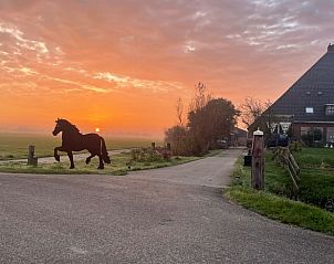 Stimmungsvolle Ansicht des Cottage in Gonga mit einer Pferdesilhouette bei Sonnenaufgang in Friesland.