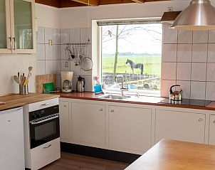 Gezellige keuken in Huisje in Echten, vakantiehuis op het Friese platteland, met uitzicht op groene weiden en een paard in Friesland.