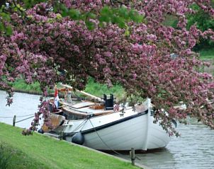 Pittoreske omgeving bij Kunsthof de Heuf, bed and breakfast in Buren, Gelderland, met bloeiende bomen en een aangename waterkant.