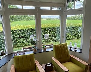 Uitzicht op groene velden vanuit de woonkamer van Vakantiehuis in Midwolde, Zuidwest Groningen.