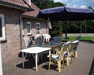 Zonnig terras met parasol bij De Hooischuur bed and breakfast in Handel, ideaal voor ontspanning.