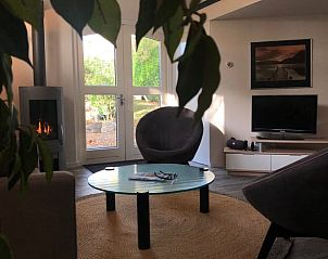 Gezellige woonkamer in vakantiehuis in Vroomshoop, Twente, met open haard.