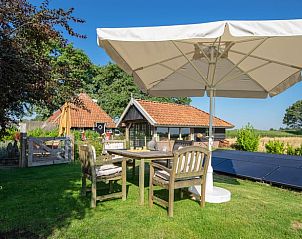 Zonnig terras met parasol bij Huisje in Broekland, Salland, Overijssel.