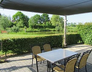 Schaduwrijk terras met uitzicht op het landschap bij Vakantiehuis in Olst, Salland, Overijssel.