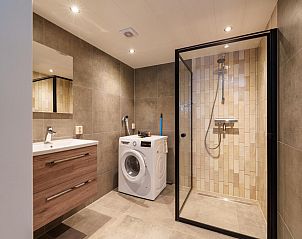 Badkamer met wasmachine in vakantiehuis Regge en Weidezicht Marle, Salland, Overijssel.