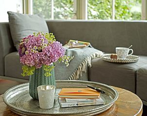 Gezellige zithoek met bloemen in Vakantiehuisje in Kalenberg, ideaal voor ontspanning in Noordwest Overijssel.