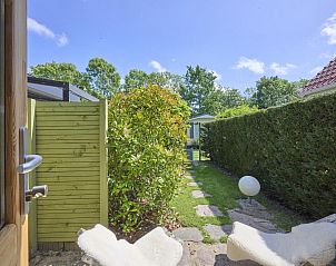 Rustige tuin bij Tiny House Jet in Goedereede, met ligstoelen en groen.