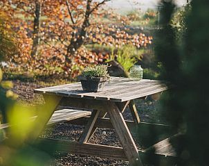 Houten picknicktafel in de tuin van Vakantiehuis in Hazerswoude-Dorp, Zuid-Holland.