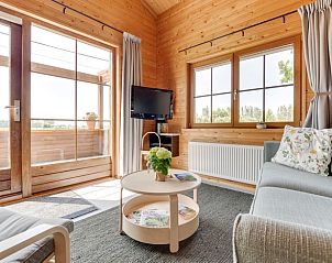 Gezellige woonkamer in Vakantiehuisje in Ameide met houten interieur en uitzicht op de tuin.