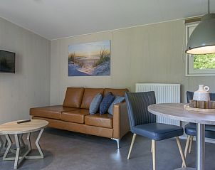 Gezellige woonkamer in Comfort 2 Mindervalide chalet, Kijkduin, met comfortabele zithoek en decoratie.